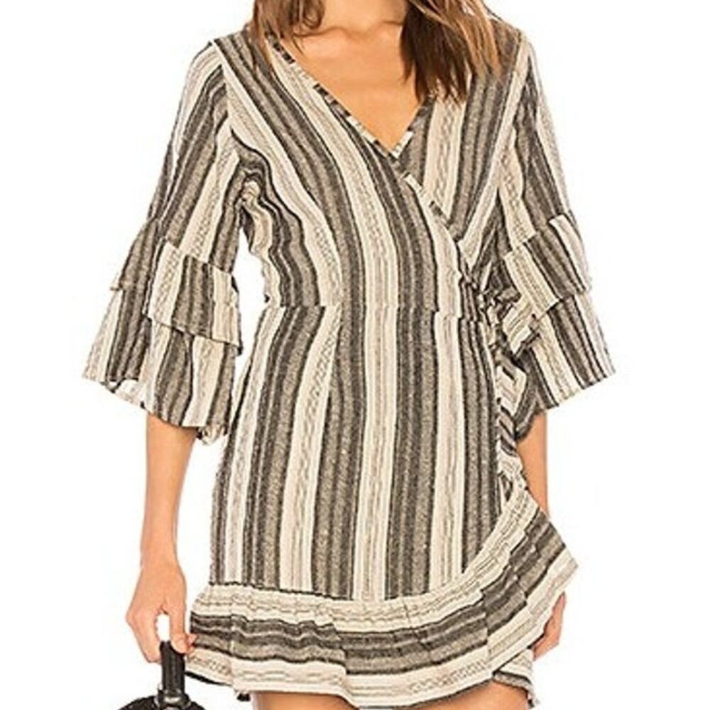 Cleobella Tehei Pure Cotton V-Neck Wrap Ruffle Hem Striped Mini Dress